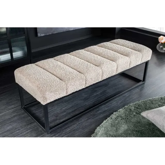 Banc design PETIT BEAUTÉ – 110 cm – Tissu bouclé champagner greige & pieds métal noir