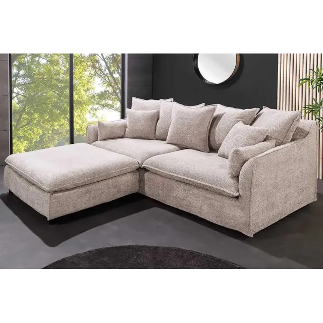Pouf HEAVEN 100 cm – Tissu bouclé champagner beige, rembourrage à ressorts Nosag, structure en bois massif