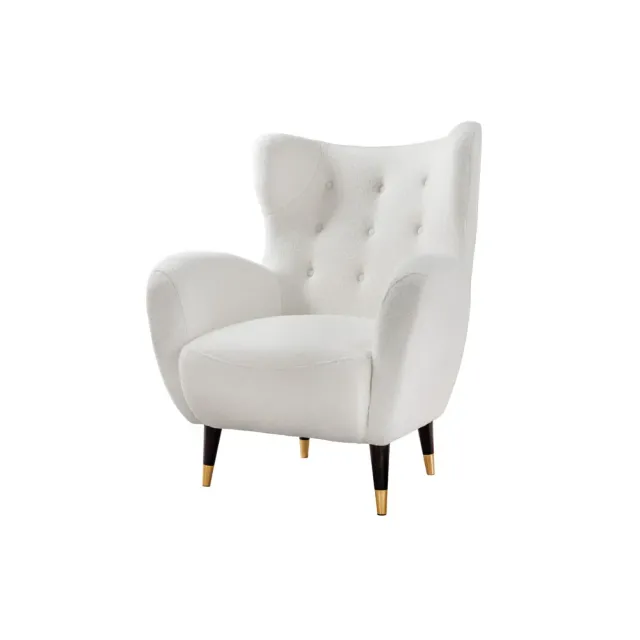 Fauteuil rétro DON en tissu bouclé blanc – Design élégant avec assise à ressorts et pieds noirs dorés