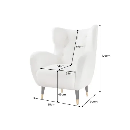 Fauteuil rétro DON en tissu bouclé blanc – Design élégant avec assise à ressorts et pieds noirs dorés