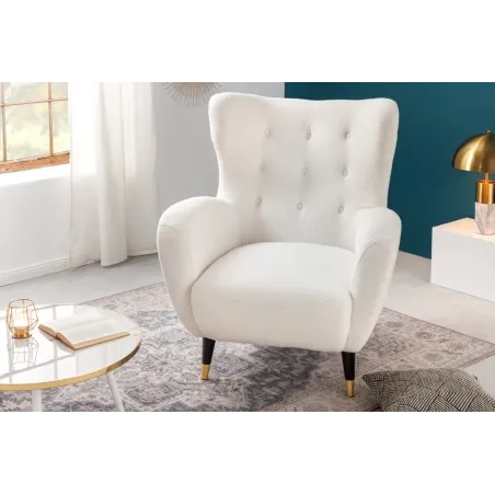 Fauteuil rétro DON en tissu bouclé blanc – Design élégant avec assise à ressorts et pieds noirs dorés