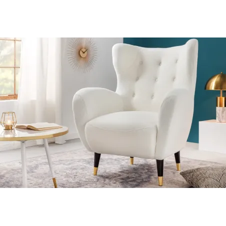 Fauteuil rétro DON en tissu bouclé blanc – Design élégant avec assise à ressorts et pieds noirs dorés