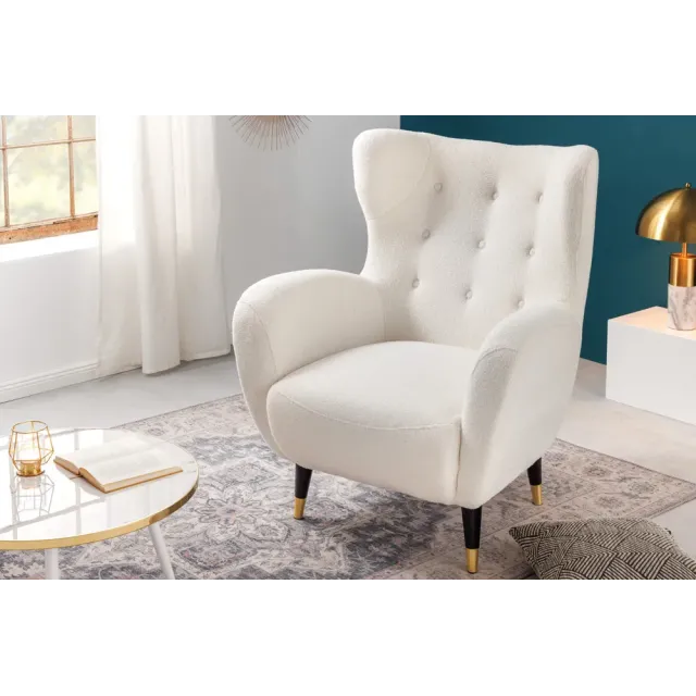 Fauteuil rétro DON en tissu bouclé blanc – Design élégant avec assise à ressorts et pieds noirs dorés