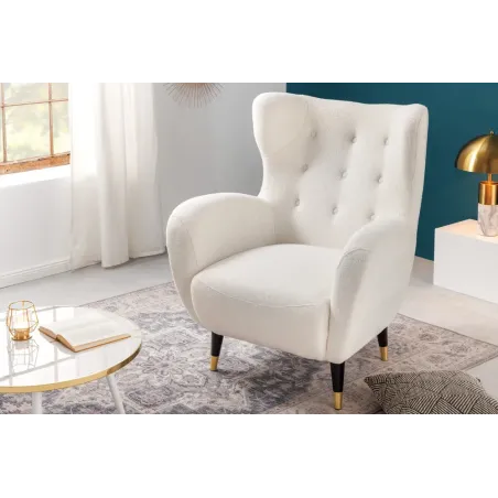 Fauteuil rétro DON en tissu bouclé blanc – Design élégant avec assise à ressorts et pieds noirs dorés