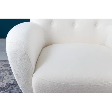 Fauteuil rétro DON en tissu bouclé blanc – Design élégant avec assise à ressorts et pieds noirs dorés