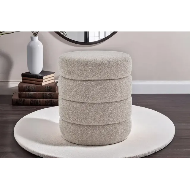 Pouf rond VOGUE 50 cm en tissu bouclé taupe – Siège design avec espace de rangement intégré