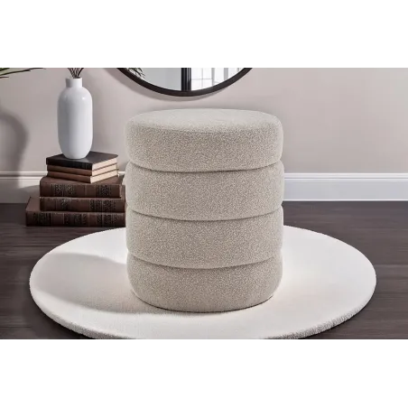 Pouf rond VOGUE 50 cm en tissu bouclé taupe – Siège design avec espace de rangement intégré