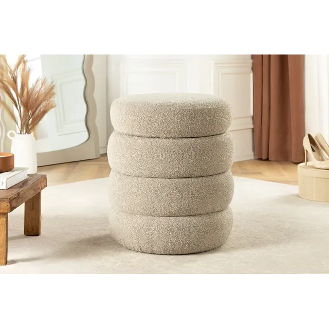 Pouf rond VOGUE 50 cm en tissu bouclé taupe – Siège design avec espace de rangement intégré