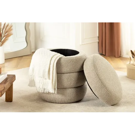Pouf rond VOGUE 50 cm en tissu bouclé taupe – Siège design avec espace de rangement intégré