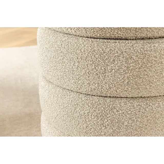Pouf rond VOGUE 50 cm en tissu bouclé taupe – Siège design avec espace de rangement intégré