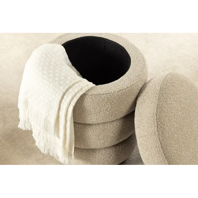 Pouf rond VOGUE 50 cm en tissu bouclé taupe – Siège design avec espace de rangement intégré