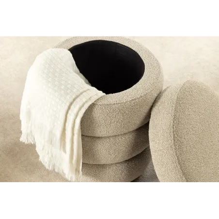 Pouf rond VOGUE 50 cm en tissu bouclé taupe – Siège design avec espace de rangement intégré