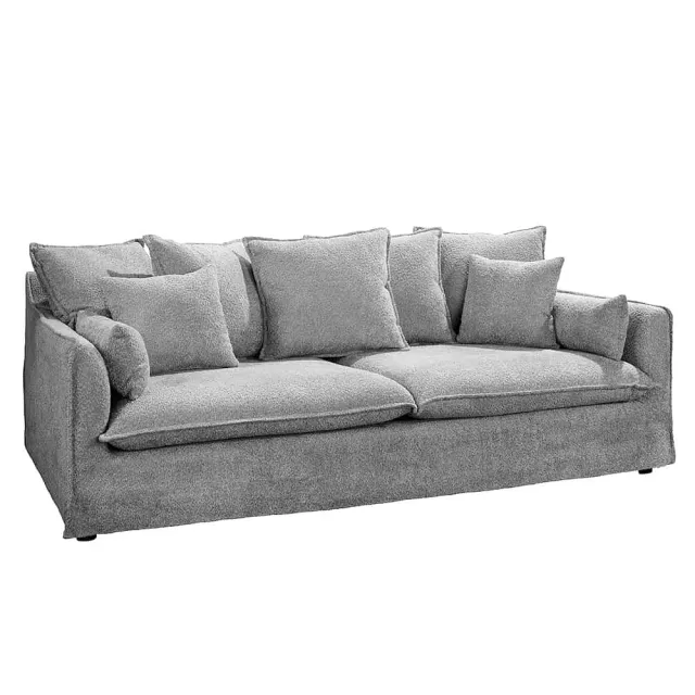 Canapé 3 places HEAVEN 200 cm en tissu bouclé gris – Grand canapé cosy avec assise à ressorts et 9 coussins inclus