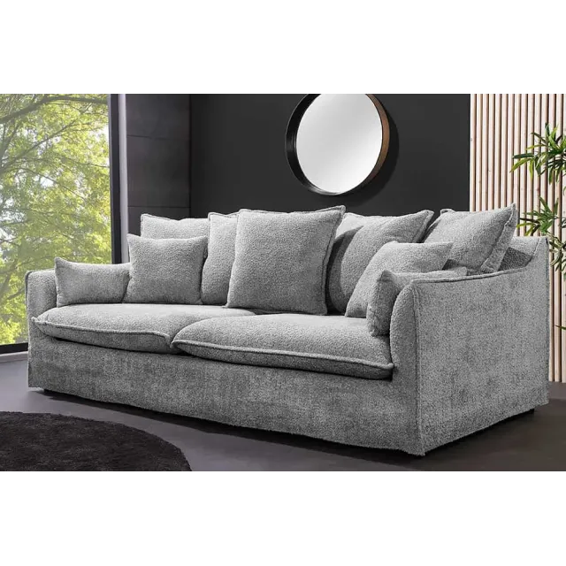Canapé 3 places HEAVEN 200 cm en tissu bouclé gris – Grand canapé cosy avec assise à ressorts et 9 coussins inclus