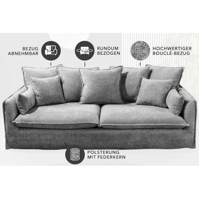 Canapé 3 places HEAVEN 200 cm en tissu bouclé gris – Grand canapé cosy avec assise à ressorts et 9 coussins inclus