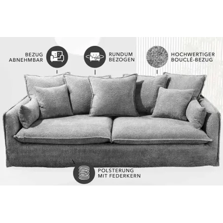 Canapé 3 places HEAVEN 200 cm en tissu bouclé gris – Grand canapé cosy avec assise à ressorts et 9 coussins inclus