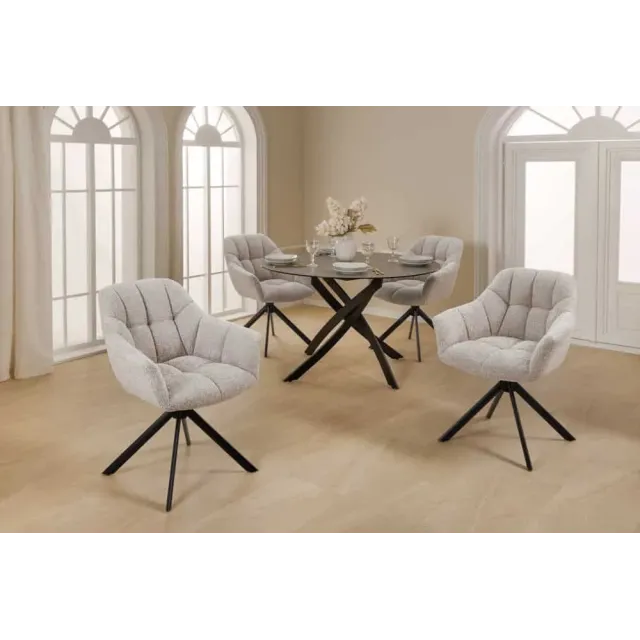 Fauteuil pivotant PAPILLON en tissu bouclé greige – Siège design avec accoudoirs, rotation 180° et piétement métal noir