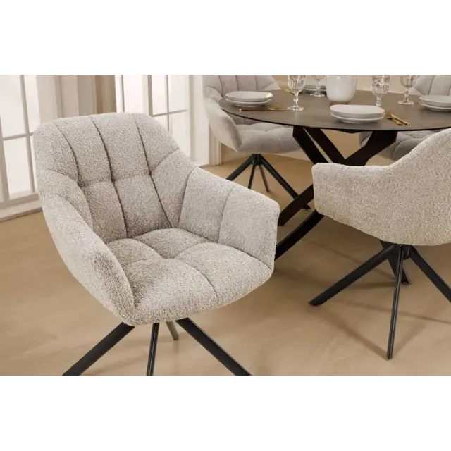 Fauteuil pivotant PAPILLON en tissu bouclé greige – Siège design avec accoudoirs, rotation 180° et piétement métal noir