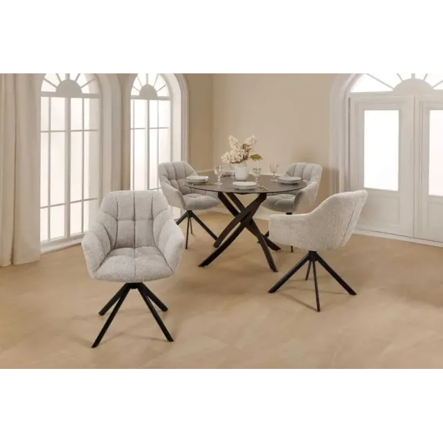 Fauteuil pivotant PAPILLON en tissu bouclé greige – Siège design avec accoudoirs, rotation 180° et piétement métal noir