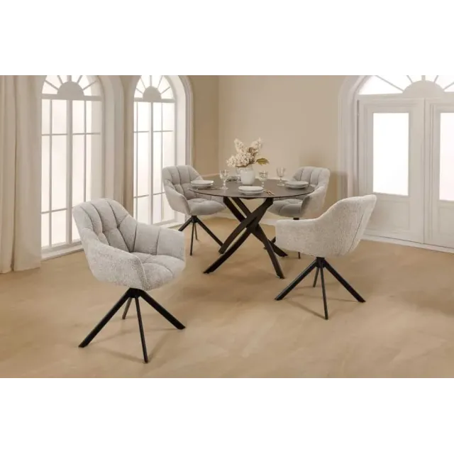 Fauteuil pivotant PAPILLON en tissu bouclé greige – Siège design avec accoudoirs, rotation 180° et piétement métal noir
