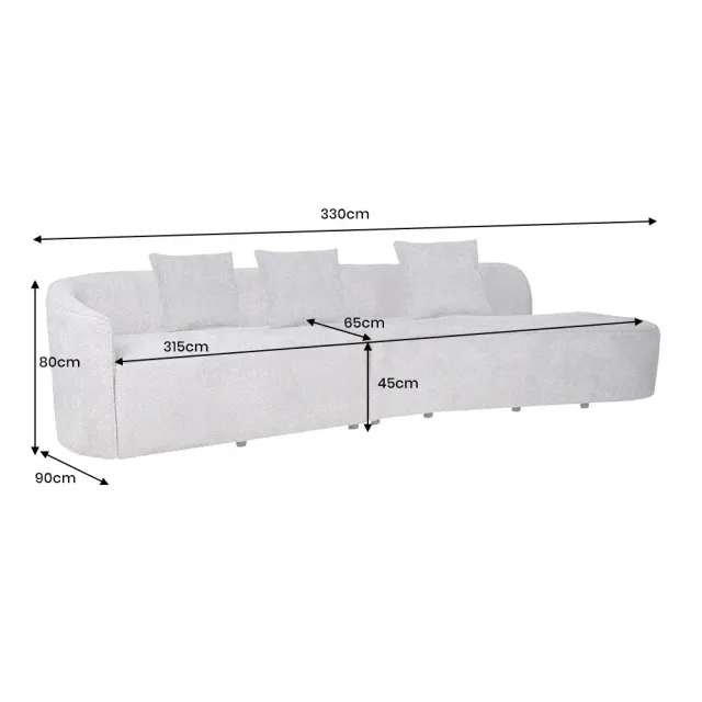 Canapé XXL ATELIER L 330 cm en tissu bouclé gris – Grand sofa moderne 4 places avec coussins inclus