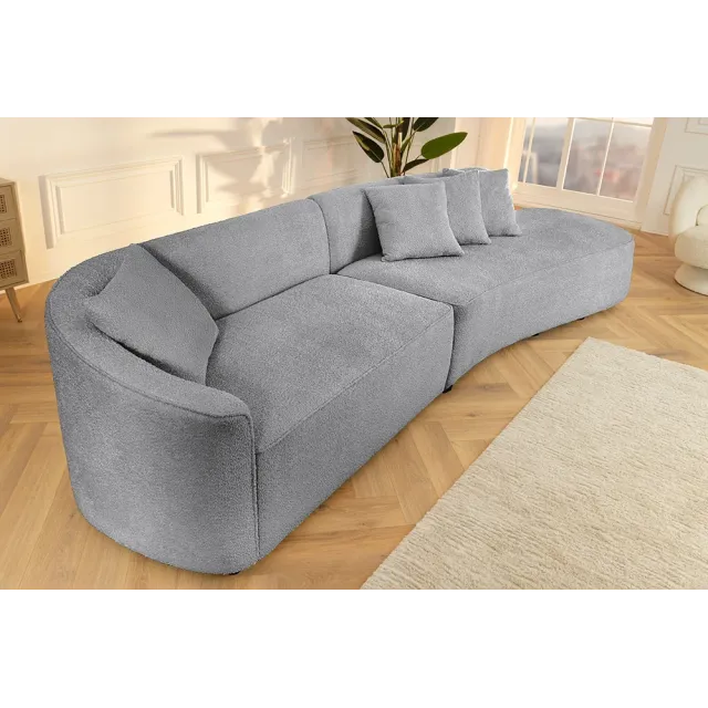 Canapé XXL ATELIER L 330 cm en tissu bouclé gris – Grand sofa moderne 4 places avec coussins inclus