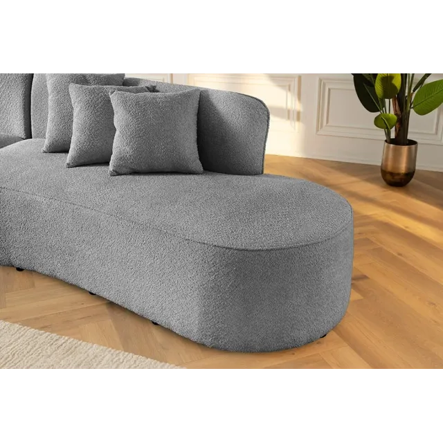 Canapé XXL ATELIER L 330 cm en tissu bouclé gris – Grand sofa moderne 4 places avec coussins inclus
