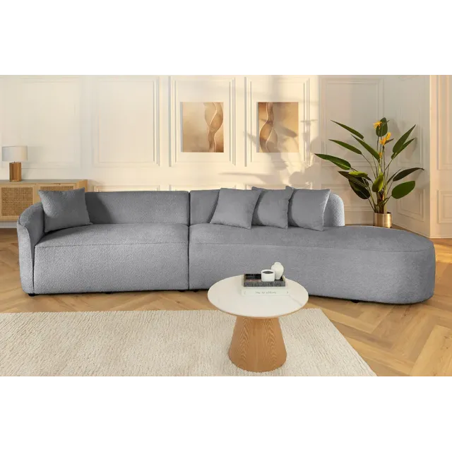 Canapé XXL ATELIER L 330 cm en tissu bouclé gris – Grand sofa moderne 4 places avec coussins inclus