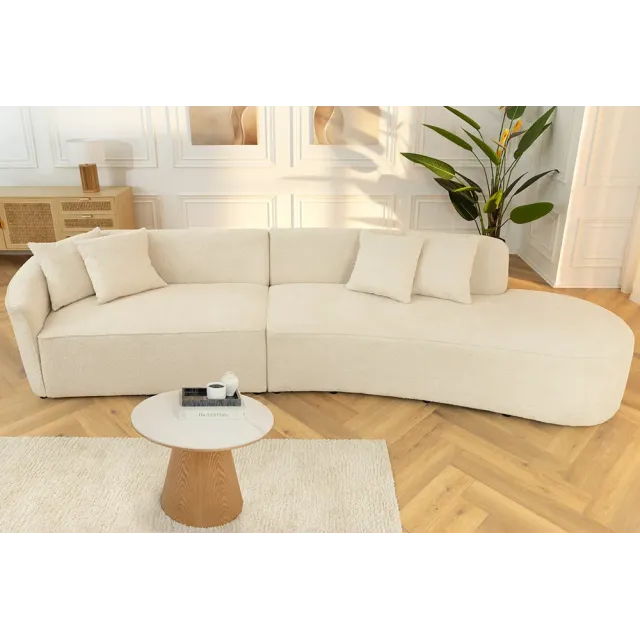 Canapé XXL ATELIER L 330 cm en tissu bouclé beige – Grand sofa moderne 4 places avec coussins inclus