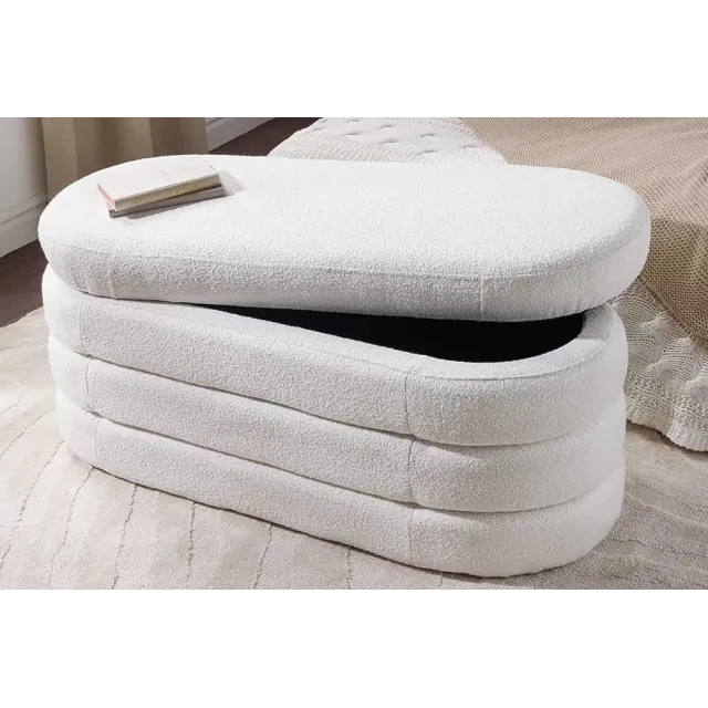 Banc de rangement VOGUE 115 cm en tissu bouclé blanc crème – Assise confortable et design avec coffre intégré
