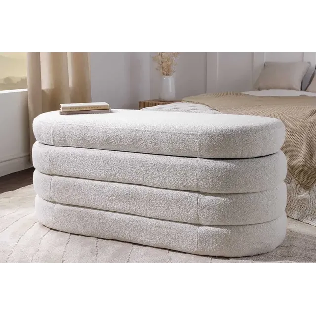 Banc de rangement VOGUE 115 cm en tissu bouclé blanc crème – Assise confortable et design avec coffre intégré