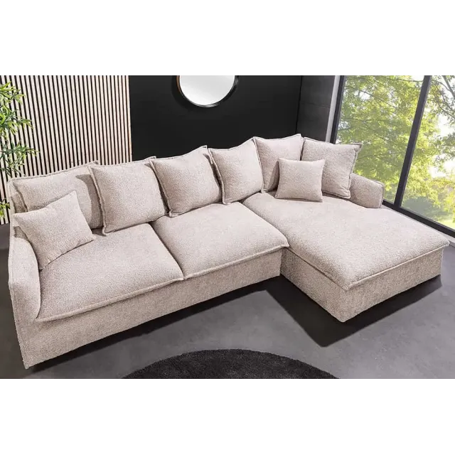Canapé d’angle HEAVEN 255 cm en bouclé champagne beige – Grand canapé avec ottomane et coussins inclus