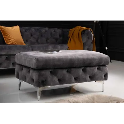 Pouf moderne baroque 92 cm – Velours gris foncé & pieds métal argenté 2