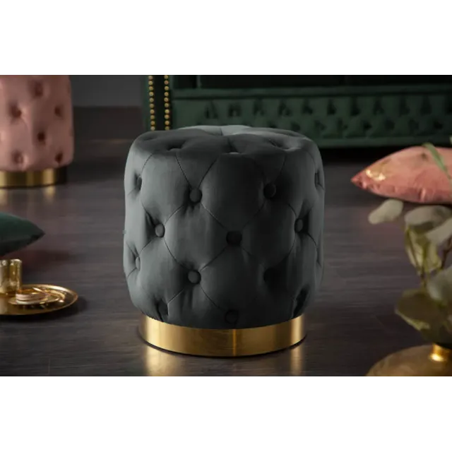 Pouf design baroque moderne – Velours noir & socle doré – 40 cm