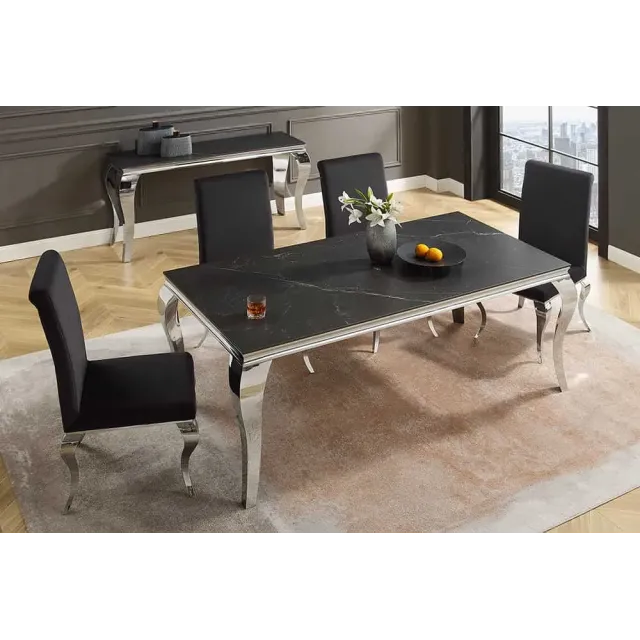 Table à manger design baroque moderne 180 cm – Céramique noir anthracite & pieds chromés