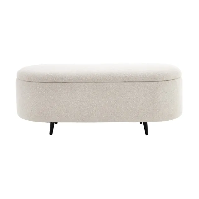 Banquette scandinave VOGUE 110 cm – Bouclé blanc & pieds noirs avec coffre de rangement intégré