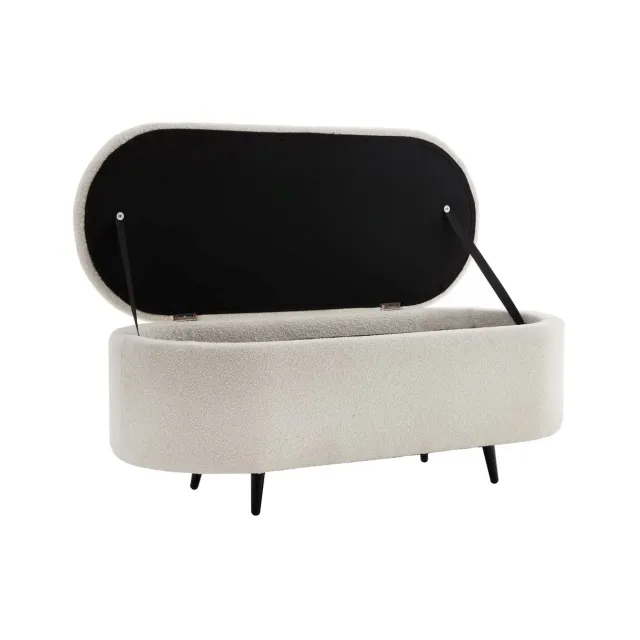 Banquette scandinave VOGUE 110 cm – Bouclé blanc & pieds noirs avec coffre de rangement intégré