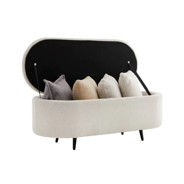 Banquette scandinave VOGUE 110 cm – Bouclé blanc & pieds noirs avec coffre de rangement intégré