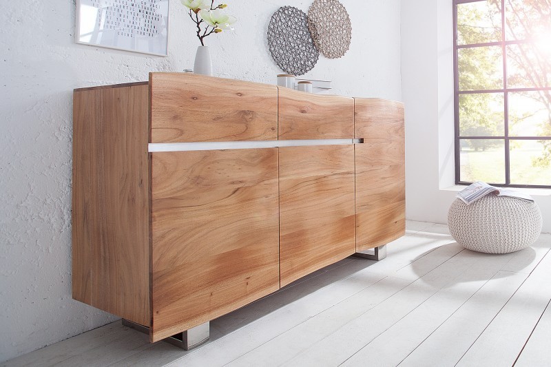 Bahut contemporain de couleur naturelle en bois massif à 3 portes et 2 tiroirs