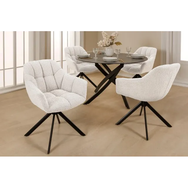 Fauteuil pivotant PAPILLON – Bouclé crème avec accoudoirs, base en métal noir et fonction retour automatique