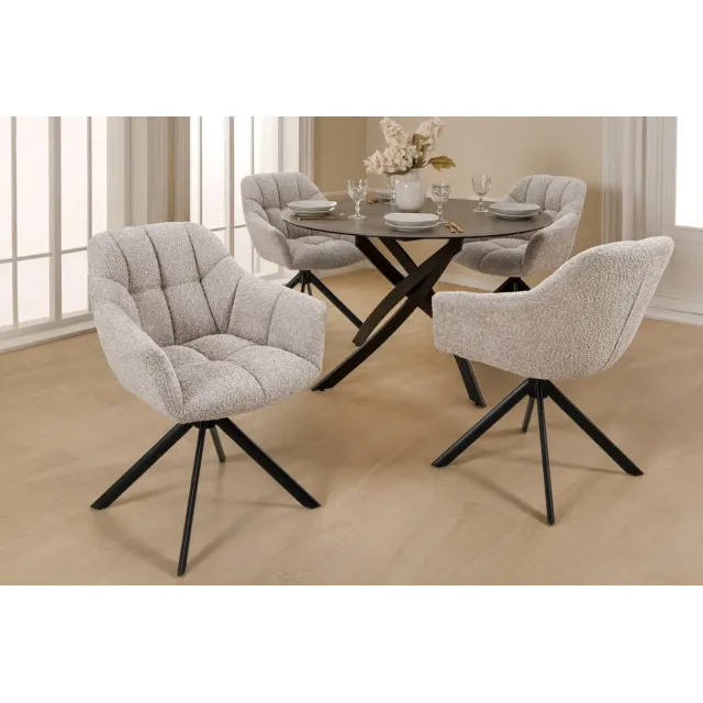 Fauteuil PAPILLON pivotant 180° – Bouclé greige avec accoudoirs et structure en métal noir