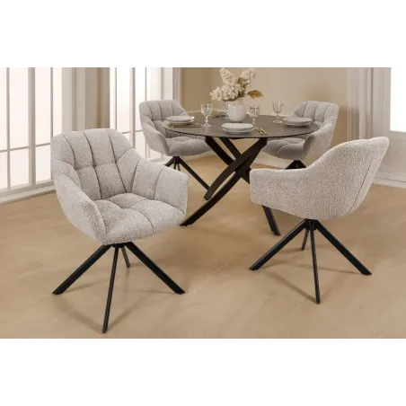 Fauteuil PAPILLON pivotant 180° – Bouclé greige avec accoudoirs et structure en métal noir