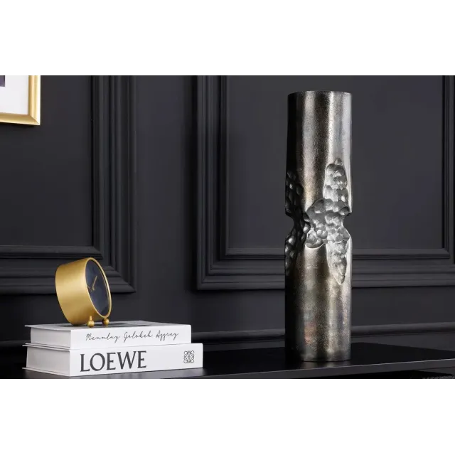 Vase moderne PRECIOUS 50 cm – Métal noir & argent, design martelé, 2-en-1 vase & bougeoir