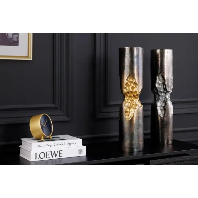 Vase moderne PRECIOUS 50 cm – Métal noir & argent, design martelé, 2-en-1 vase & bougeoir
