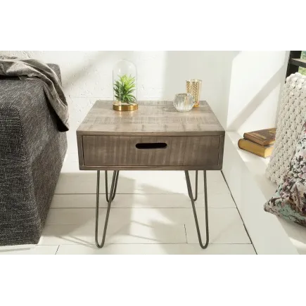 TABLE D'APPOINT AVEC RANGEMENT EN BOIS COLORIS GRIS ET FER NOIR 50 cm