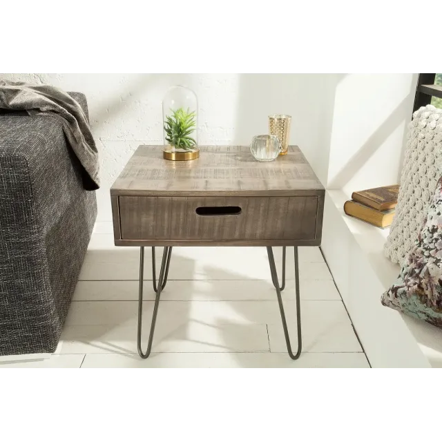 TABLE D'APPOINT AVEC RANGEMENT EN BOIS COLORIS GRIS ET FER NOIR 50 cm