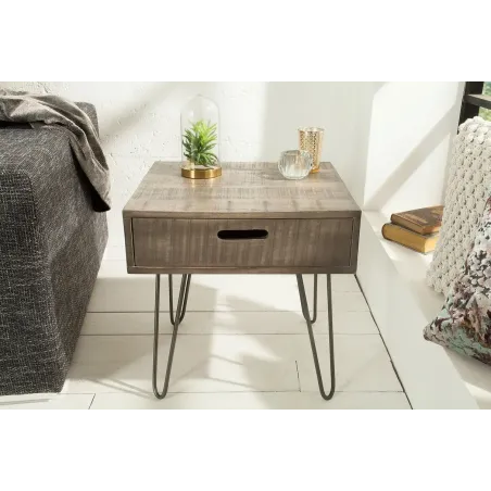TABLE D'APPOINT AVEC RANGEMENT EN BOIS COLORIS GRIS ET FER NOIR 50 cm