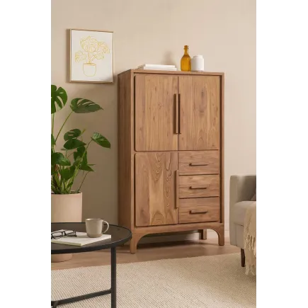 Buffet Haut en Bois d'Acacia Marron Clair - 90 x 45 x 160 cm – 3 Tiroirs & 2 Étagères