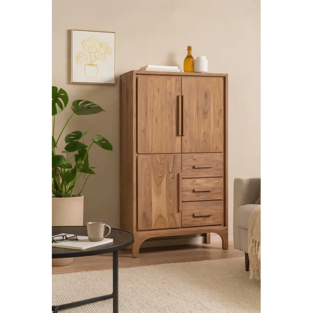 Buffet Haut en Bois d'Acacia Marron Clair - 90 x 45 x 160 cm – 3 Tiroirs & 2 Étagères