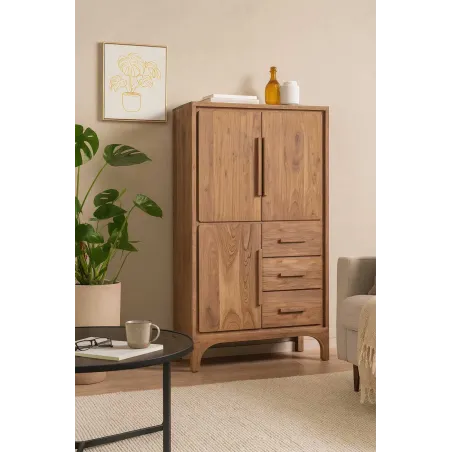 Buffet Haut en Bois d'Acacia Marron Clair - 90 x 45 x 160 cm – 3 Tiroirs & 2 Étagères